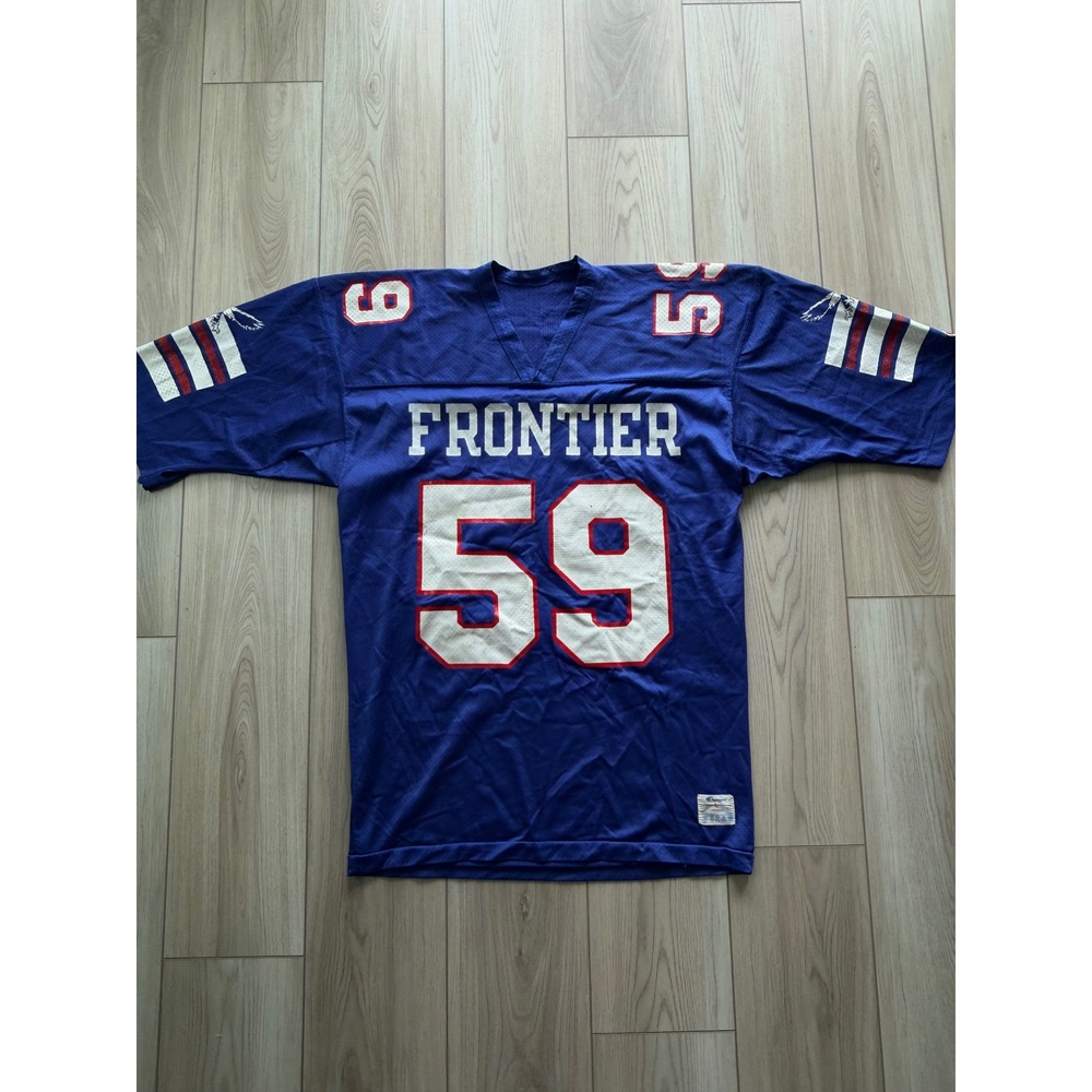 Vintage 80s Champion Football Jersey Mens Large Blue Frontier 59 Tolietface USA